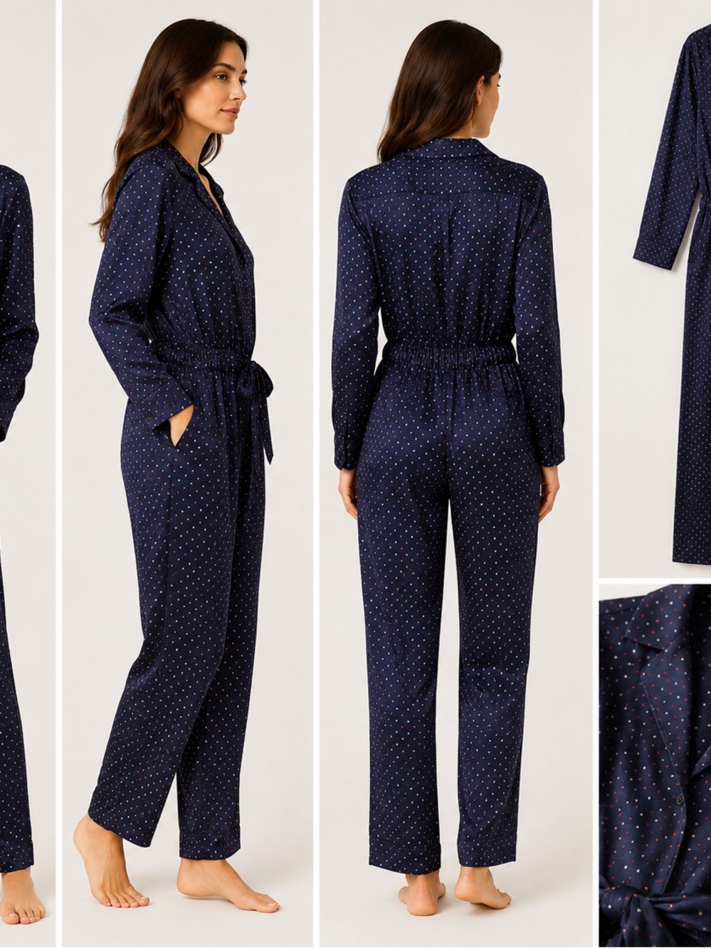 rag & bone Silk Navy Polka Dot Long-Sleeve Jumpsuit